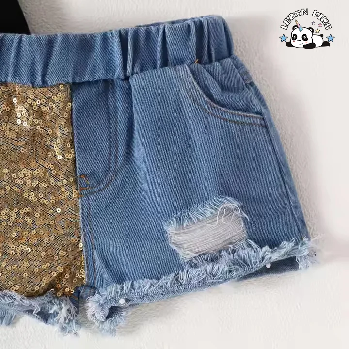 LEZONKIDS - Conjunto de Roupas para Meninas de Verão com Calção de Jeans e Remendos de Lantejoulas para 2 a 14 Anos